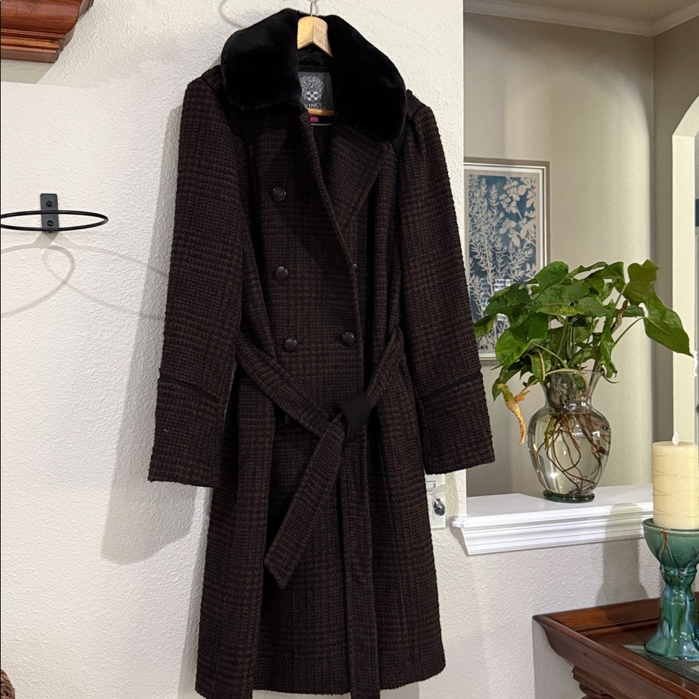 New Vince Camuto Black and Brown Trench Coat faux fur size XL